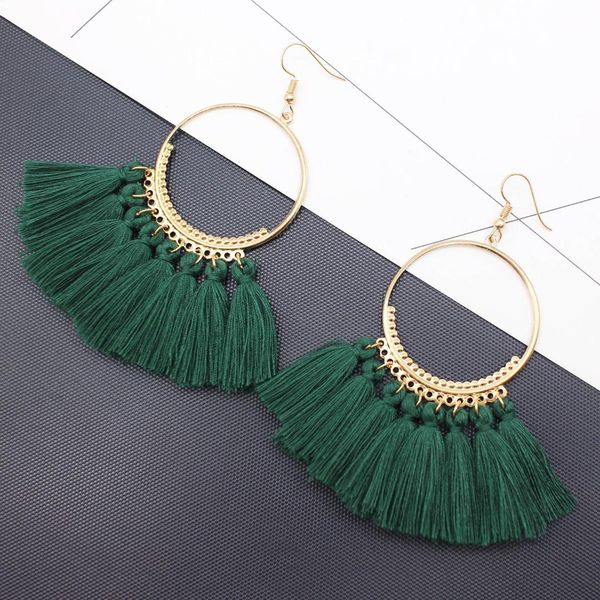 

2019 colors round dangling pendant drop earrings woman fabric tassel earring ethnic bohemian fantasy fringed boucles d'oreille, Silver