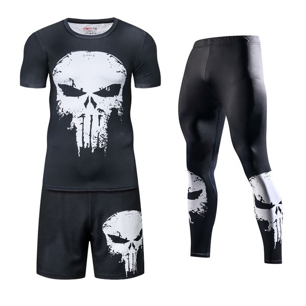 

2020 new 3 piece men's sportswear 3d print t-shirt short and tight running set gym fitness jogger running tracksuit, Black;blue