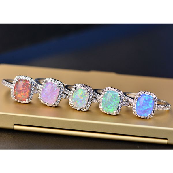 

european new geometric square multicolor opal rings fashion charming women rings inlaid zircon jewelry size 5-11 anillos, Silver