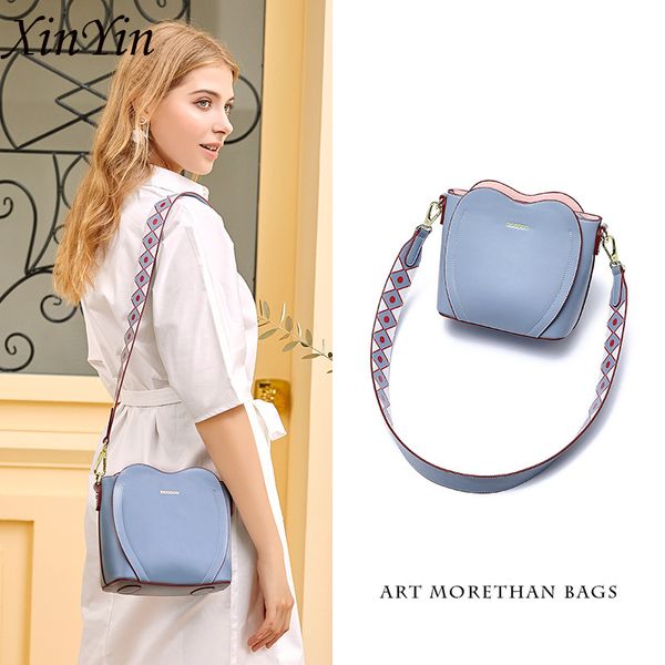 

personality heart wide strap women bucket bag handbag fashion simple large wild girl shoulder bag leather crossbody high quality