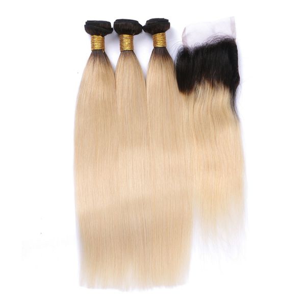 

1b 613 blonde волос девственницы с закрытием 3 pc ombre прямой бразильский virgin человеческих волос уток с затворы, Black;brown