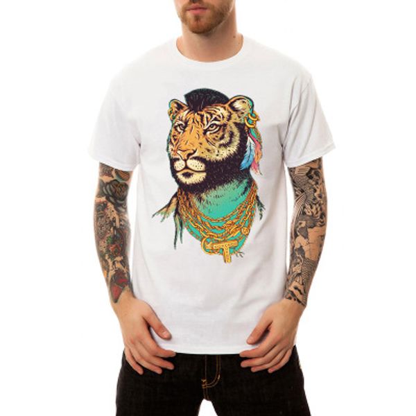 

2019 new men's fashion trend summer t-shirt with gold chain tiger print casual round collar shirt youth shirt sale, White;black