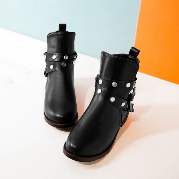 

boots oversized women shoes ankle for ladies woman winter flat heel belt buckle sleeve, Black