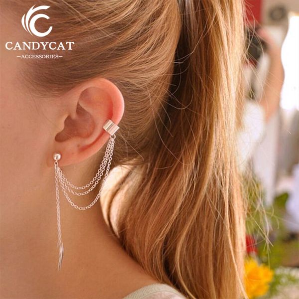 

trendy leaf long tassel drop earrings for women personality simple single ear clip fringe earring fashion jewelry gift wholesale, Silver