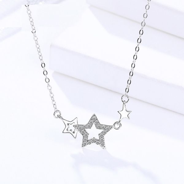 

fine jewelry genuine 925 sterling silver three hollow stars wide version necklace zircon chain pendant for women choker necklace, Golden;silver