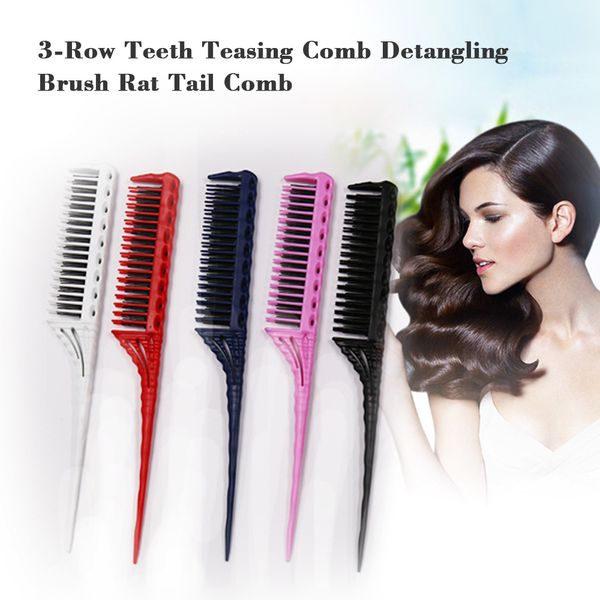 Plastic 3 Row Teeth Teasing Hair Combs Detangling Brush Rat Tail