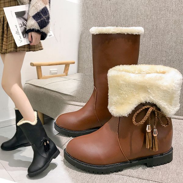 

slip-on winter boots women mid-calf long boots woman shoes fashion butterfly-knot snow women winter warm non-slip, Black