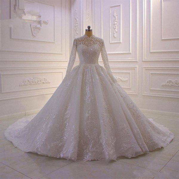 

2020 vintage muslim long sleeve ball gown wedding dress bridal gowns high neck lace appliqued beaded plus size robe de mariee, White