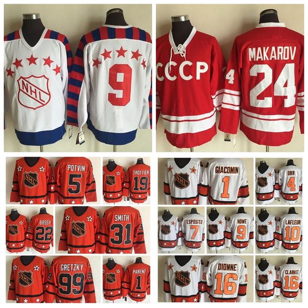 

все звезды хоккея 1 эдди джайакомин 4 орр 7 tony esposito 9 горди хау красный оранжевый белый мужские прошитой хоккей трикотажные, Black;red