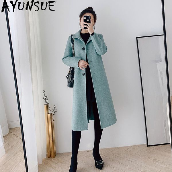 

ayusnue wool coat female long jacket double-faced cashmere elegant ladies coats overcoat women autumn herringbone m018 kj2878, Black
