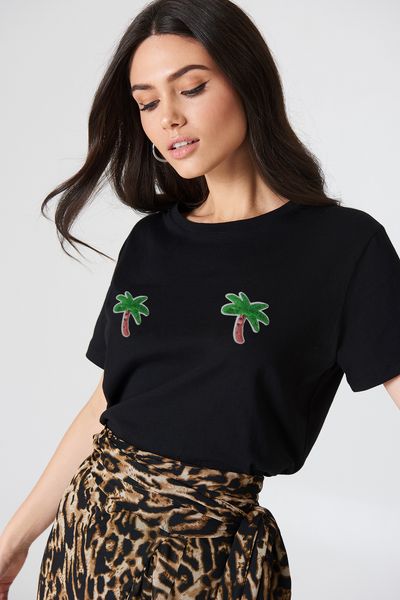

new 2020 ladies crew neck shiort cotton blend sequins tree casual t-shirt s-xl black and white colours ing