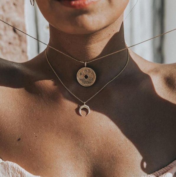 

layered necklace personalized valentines day gift new coin moon combination necklaces chains choker jewelry women ncklace chain, Silver