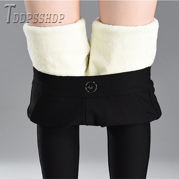 

2019 lining with imitation lambswool women pants elastic fabric winter warm female trousers, Black;white
