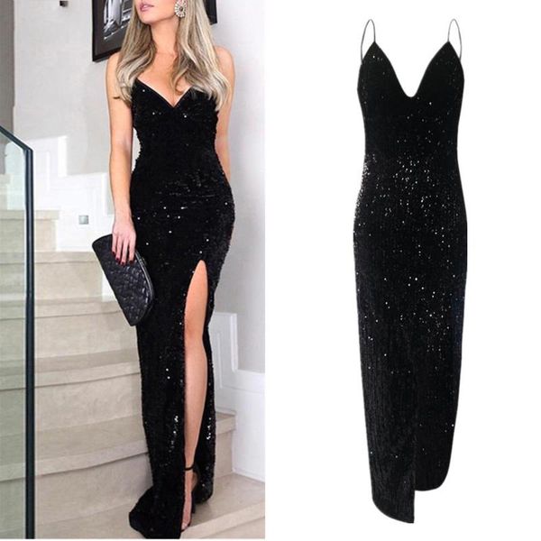

sleeveless long sequin dress women high slit spaghetti strap dresses v neck club party dress maxi black sequin vestidos, Black;gray