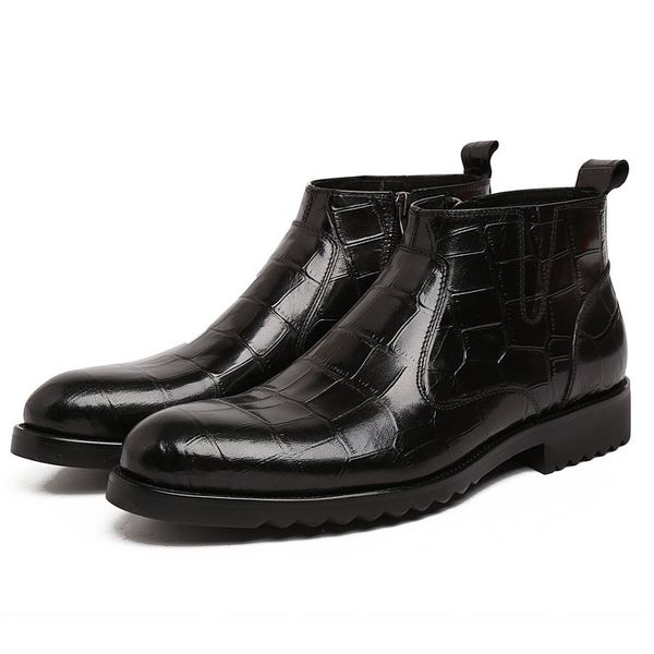 Designer-Stiefel aus echtem Leder für Herren, modisch, Krokodilmuster, lässig, mit Reißverschluss, Stiefeletten, runde Zehen, Abendschuhe