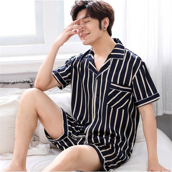 

summer short sleeved men pyjamas imitate silk polyester men pajama sets satin strip pajama man sleepwear pajamas nightgown 3xl, Black;brown