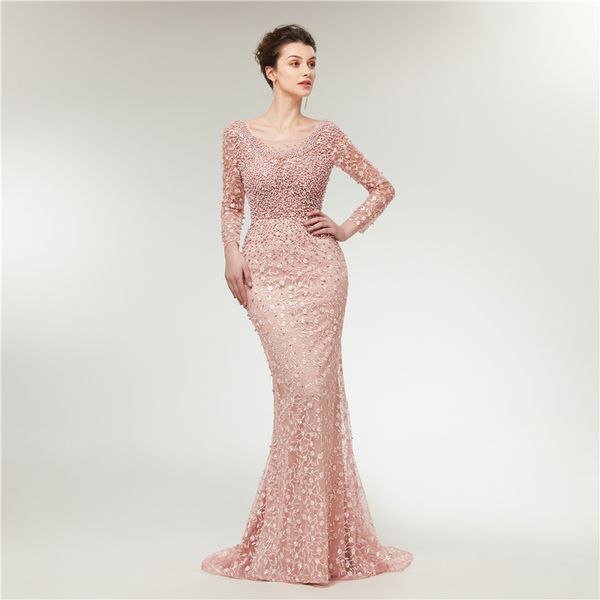 Luxo rosa sereia mangas longas pérolas de cristal beading laço bordado mulheres vestido de festa formal vestidos de noite