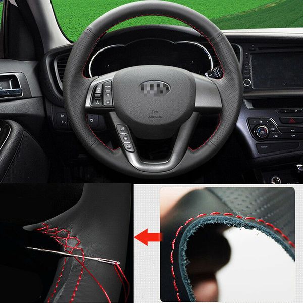 

for kia k5 2012-2015 steering wheel cover non-slip diy hand sewing black leather