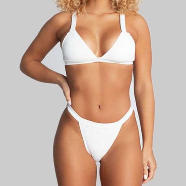 

women new fashion solid swimwear solid v-neck strap swimsuit split suit set beach suit bikini bathing swim wear #5.7, White