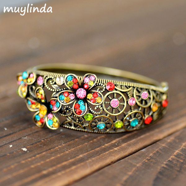 

vintage hollow flower bangles antique metal rhinestone cuff bracelets for women jewelry, Black