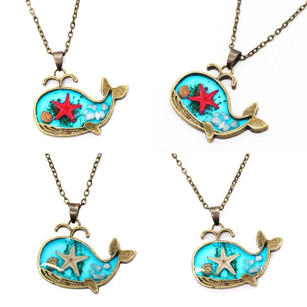 

color random retro style starfish dried flower pendant necklace cute dolphin whale shape boho necklaces summer beach jewelry, Silver