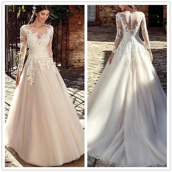 

vestido sheer neck a line wedding dresses lace appliques long sleeve bridal party gown robes de mariee wedding gown, White