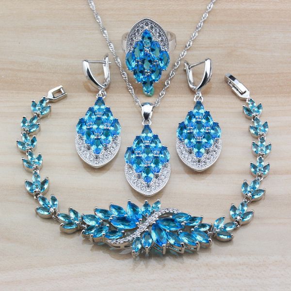 

925 sterling silver women fashion costume with natural sky blue crystal zircon jewelry sets and independent gift box, Slivery;golden
