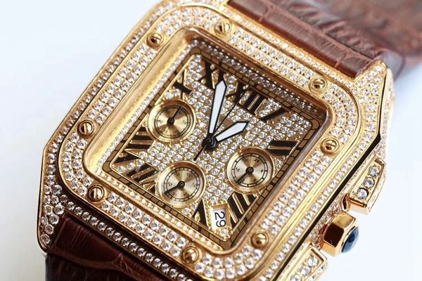 

multifunctional business men's watch with imported japanese vk flyback chronograph, 904l stainless steel case, full diamond, mineral te, Slivery;brown