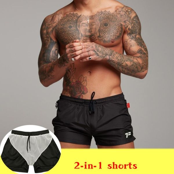 

men's 2 in 1 shorts quick dry summer mens siwmwear mens beach board shorts briefs for men swim trunks swim beach wear, White;black
