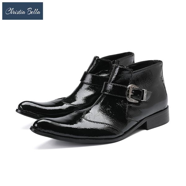 

christia bella solid buckle strap men shoes genuine leather boots new fashion pointed toe boots large size zipper short, Black