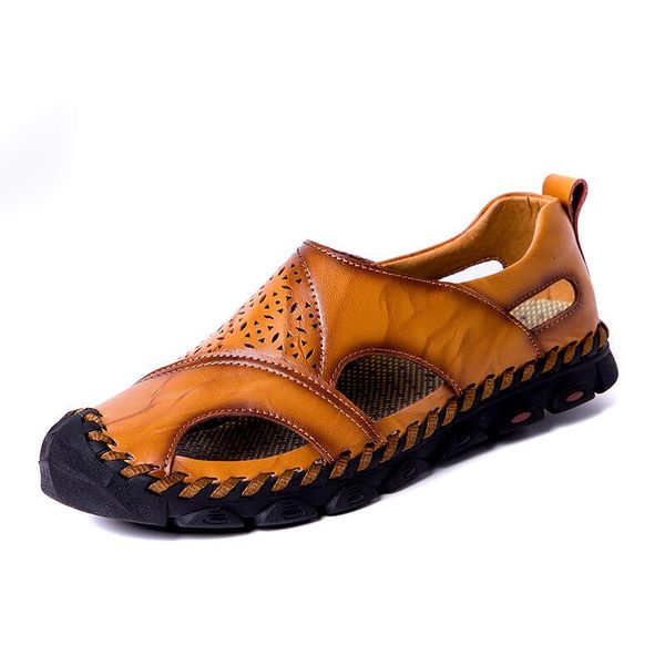 

new summer sandals mens breathable genuine leather sandals man flats plus size fashion casual beach men's shoes, Black