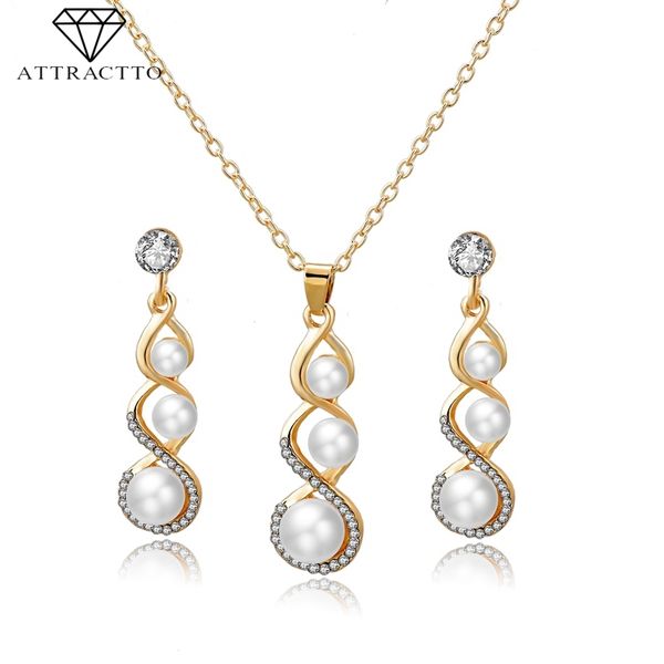 

attractto simple suit pearl necklace earrings sets gold for women wedding bridal elegant lady charm pearl jewelry set set190007, Silver