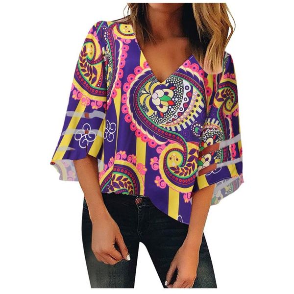 

plus size blouse for women v neck mesh panel blouse 3/4 bell sleeve loose flower print shirt woman clothes blusa feminina#38, White