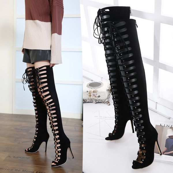 

new women over the knee boots peep toe cross tied lace up thigh high boots summer hollow rome high heel ladies pumps shoes, Black