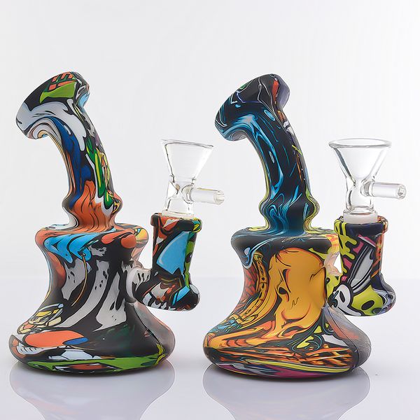 Silikon-Huka-Wasserpfeife mit Glasschüssel Tansfer-Druckbong 5,1-Zoll-Duschkopf abnehmbar zum Reinigen von Dab Rig 510