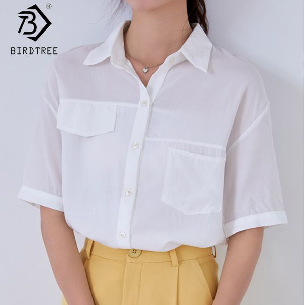 

women shirts 2020 summer turn-down collar short sleeve single-breasted pockets solid blouses korean style t06434k, White
