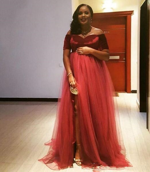 

темно-красный беременных вечерние платья плюс размер 2020 новый горячий продавая высокое split empire off-плечу тюль формальные пром платья, Black;red