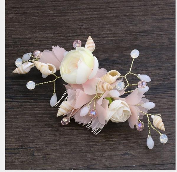 

crystalline bride hair card art pink silk flower conch headdress alloy card, Slivery;golden