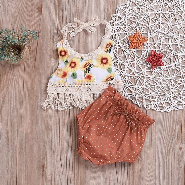 

2019 baby girls suspender suits 2pcs sets infant toddle cute sunflower tassels backless vest tshirt+polka dot pp pant bloomer outfits, White