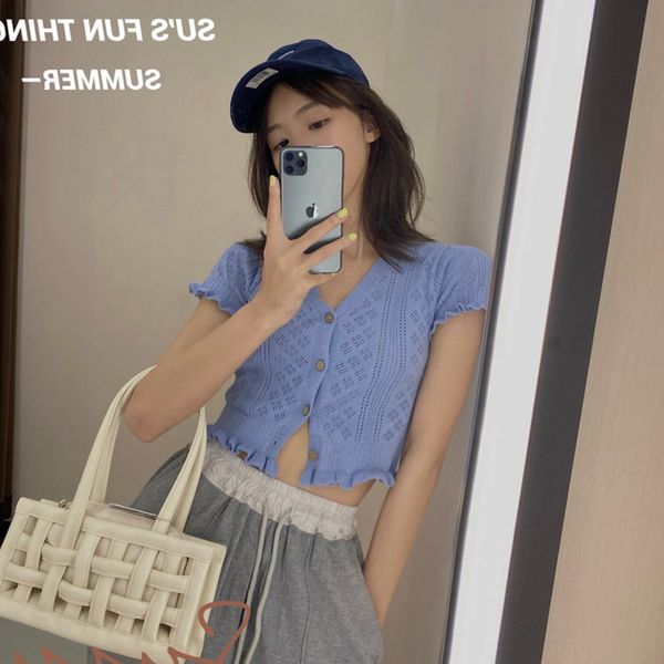 

su su knitwear womens spring new v-neck short-sleeved solid color base thin loose lace hollow-out knitted cardigan, Red