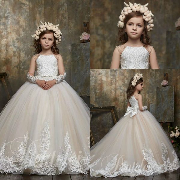 

lovely ball gown flower girl dresses jewel long sleeve lace applique crystal bow pearls pageant dress floor length girl' birthday part, White;blue
