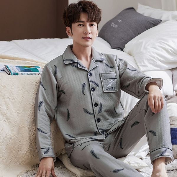 

autumn pyjamas men feather print casual plus size cotton sleepwear mens lounge wear loungewear winter pajamas plus xxxl, Black;brown