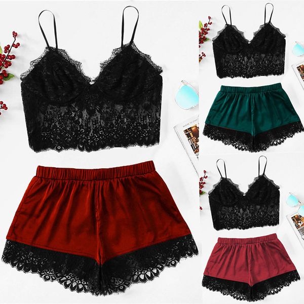 

1 set women's sleepwear satin pajama set black lace v-neck pyjamas sleeveless cute cami and shorts woman pajamas summer, Black;red