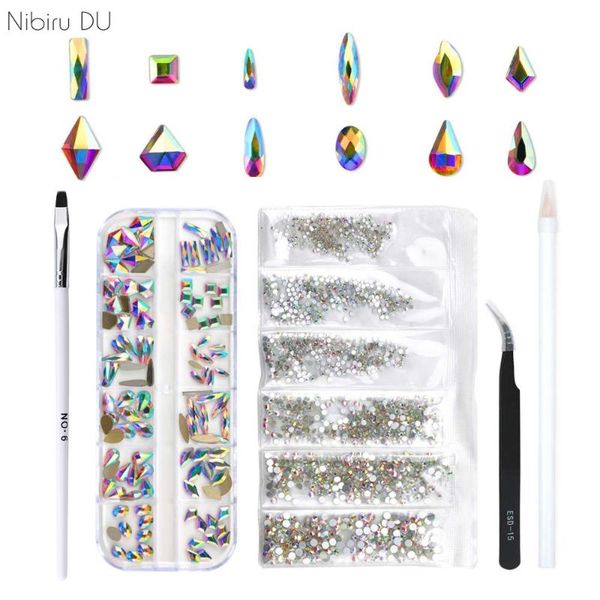 

multi-size multi-shape flat back multi-size glass rhinestone nail art craft crystal 3d decorative flat back rhinestone set, Silver;gold