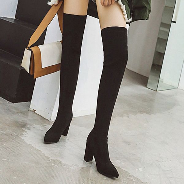 

winter high boots women pure color pointed toe slip-on square high heels boots fashion thigh female long, Black