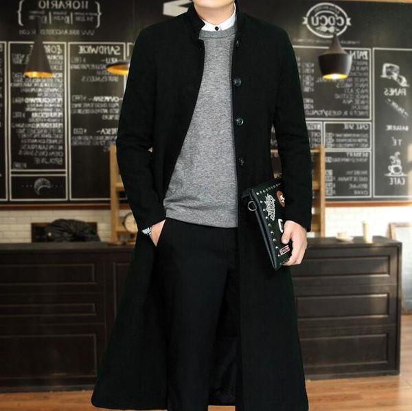 

men's new korean slim suit collar long woollen male knee-length trench coat men fashion personality jackets m-4xl, Black