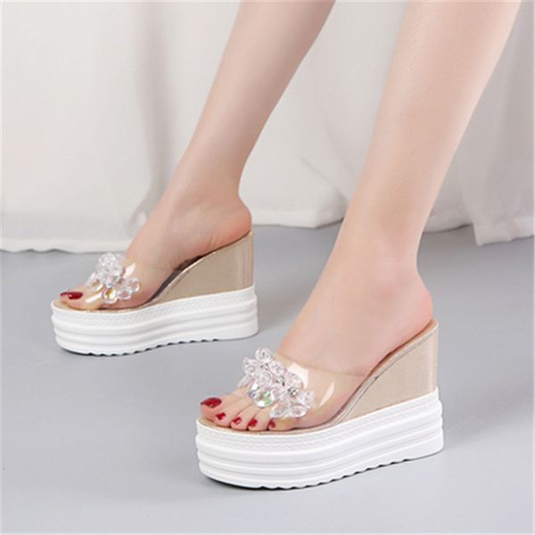 

wedge high-heeled slippers women wear 2019 new thick-soled fashion wear wild transparent sandals and slippers, Black