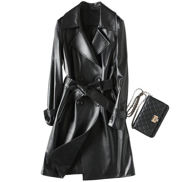 

new fashion genuine leather jacket women fashion real sheepskin coat long trench female with belt autumn winter jackets z427, Black