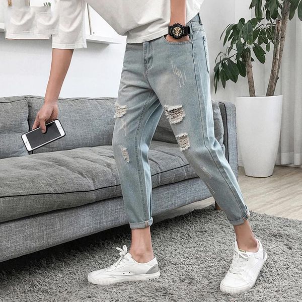 

2020 summer light blue distressed ripped hole jeans men pants beggar denim badge casual teenager ankle length pants