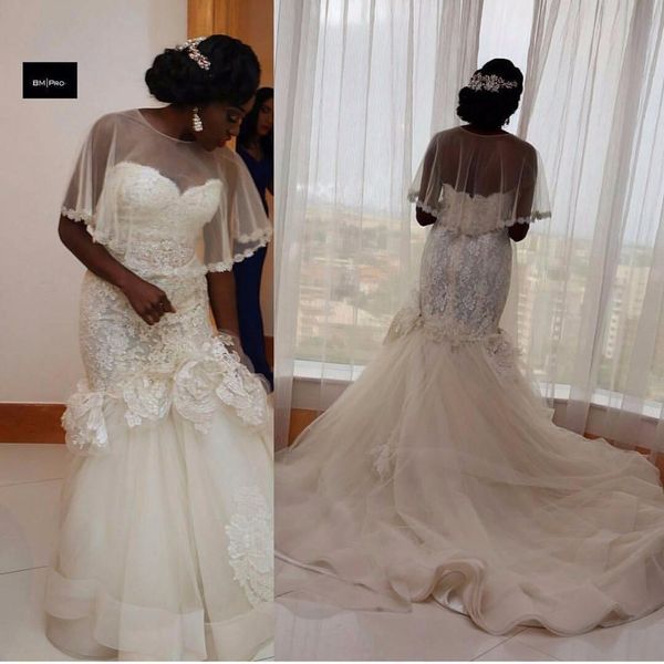 

romantic affrican mermaid wedding dresses with sheer wrap appliqued sweetheart backless tulle long ruched mariage wedding gowns, White